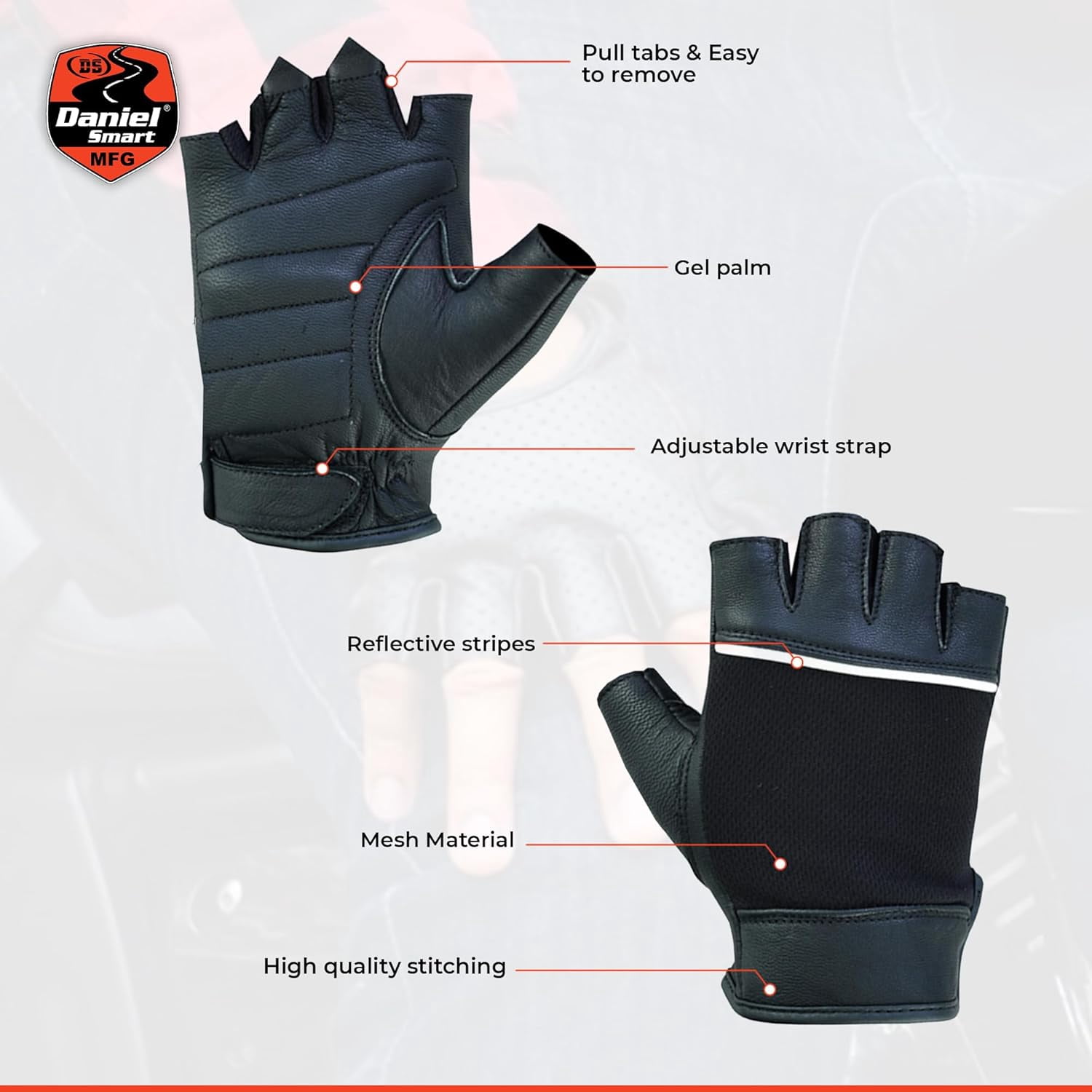 Daniel Smart Deerskin Leather Gloves–Fingerless Women Motorcycle Gloves with Gel Palm, Reflective Piping Design & Wrist Strap