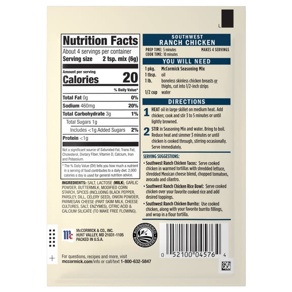 McCormick Street Taco Southwest Ranch Chicken Seasoning Mix 0.87 oz - Pack of 1