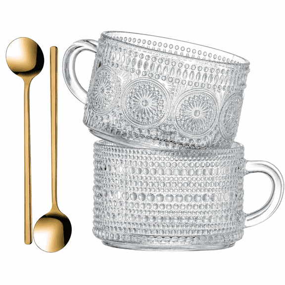 XUET Vintage Glass Coffee Mugs 14 Oz Set of 2 Clear Embossed Tea Cups, Glass Coffee Cups for Cappuccino, Latte, Cereal, Yogurt, Beverage Christmas Thanksgiving Gifts