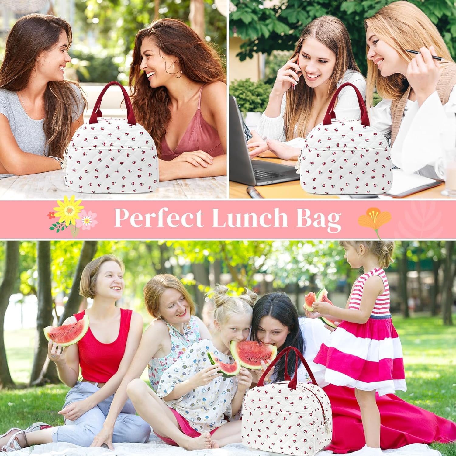 Lunch Box for Women Quilted Insulated Lunch Bag Tote Cute Reusable Floral Cotton Lunch Box Large Capacity Lunch Bag for Work Picnic Travel Aesthetic Coquette Style