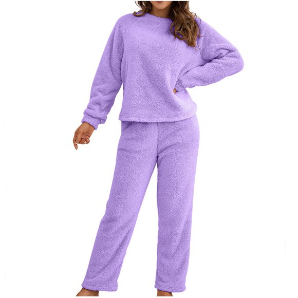 Bowake Women's Fuzzy Fleece Lounge Sets Casual Pajamas Sets Long Sleeve Pullover and Pants Set 2 Piece Plush Outfits