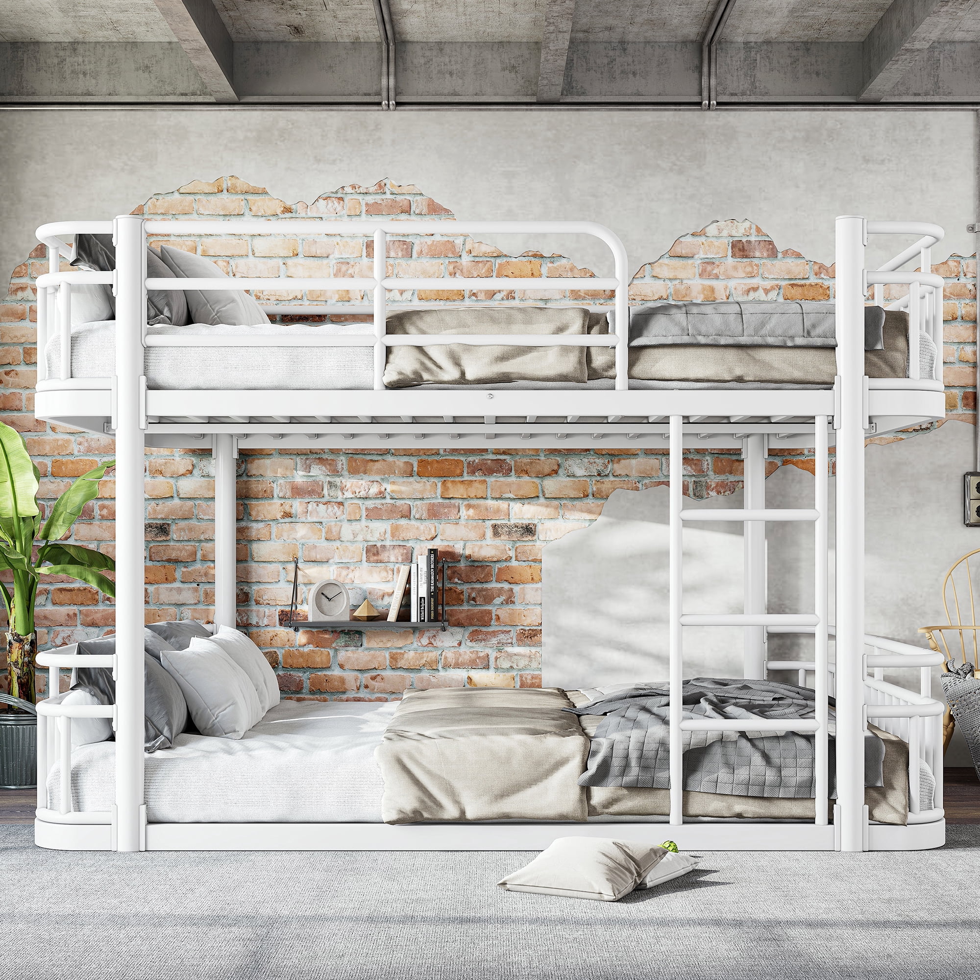 Leumius Queen over Queen Bunk Bed Frame with Ladders & Guardrails, Upgraded Round-Pipe Metal Frame, Stylish & Versatile for Any Room,White