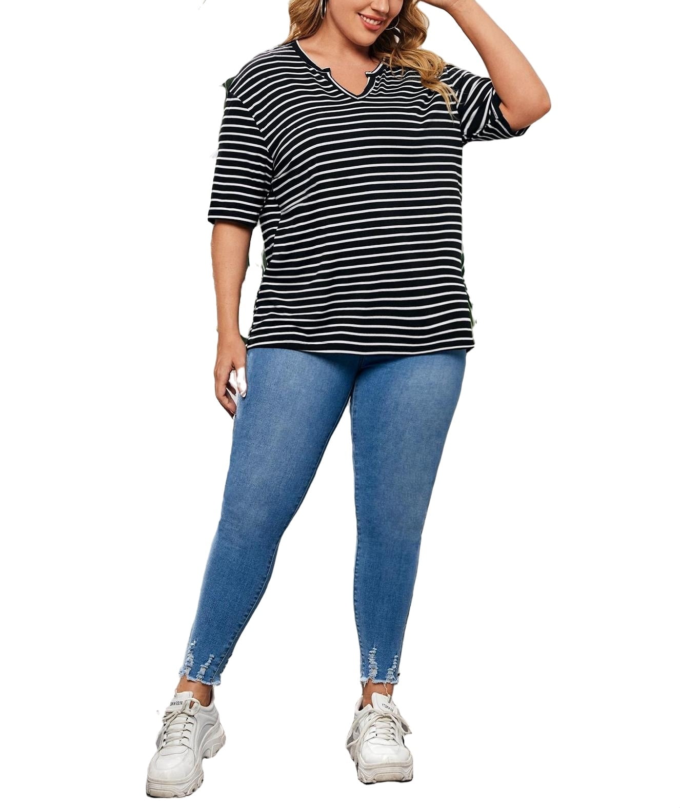 Women's Black and White Striped Notched Casual Elbow-Length Plus Size T ...