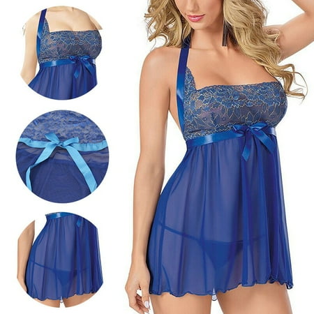 

Lingerie Women s Underwear Babydoll Sleepwear Blue Dress G-string Nightwear