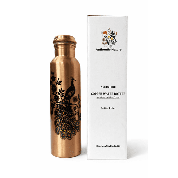 Authentic Nature Ayurvedic Copper Water Bottle, Pure Copper, 1 Litre/34 Oz, Peacock Design , With Health Benefits, Handcrafted in India