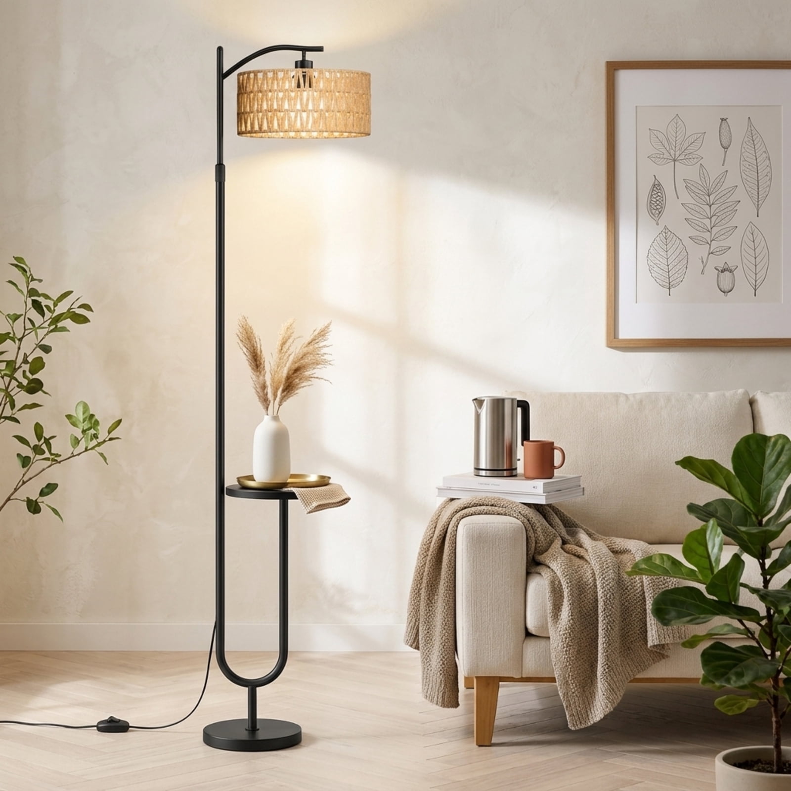 Fenbeli Modern Floor Lamp with Adjustable Head, Remote Control and Dimmable LED Bulb, Black for Living Room, Bedroom and Home Office