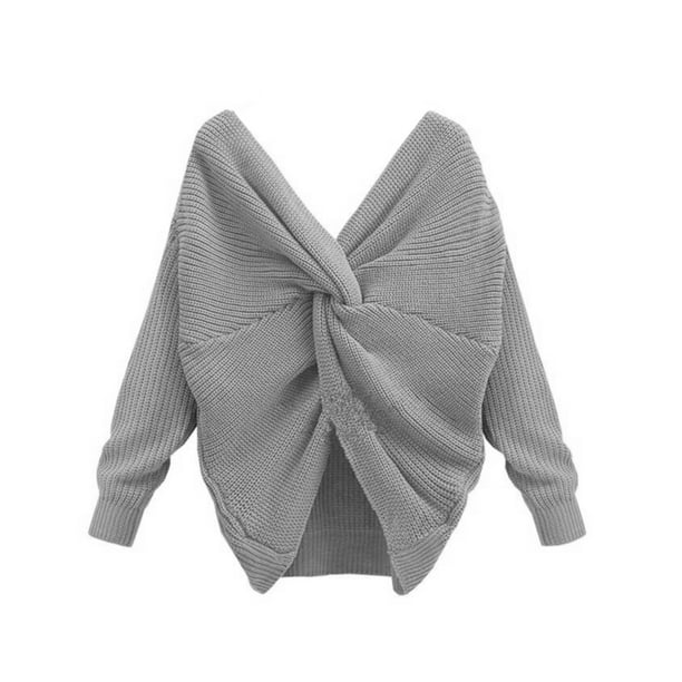 Suéter de mujer con cuello en V y espalda anudada, manga larga, algodón, camisa de tejer, gris sidaley AP001350-03