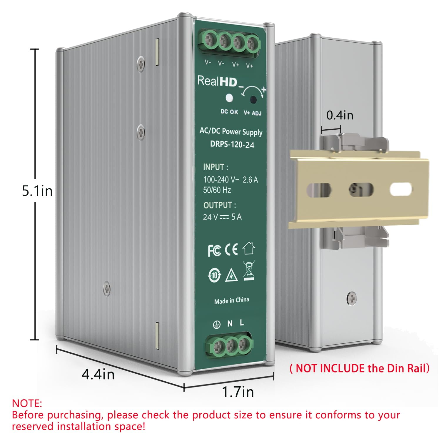 120 Watts 24VDC 5Amp Industrial DIN Rail Power Supply Single Output (24V 120W), Size 1.7 x 4.8 x 5.1inch