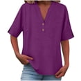 thumbnail image 4 of Wlynlyn Cotton Linen Tops for Women Summer Notch V-Neck Button Dressy Casual Shirts Loose Fitted Solid Color Beach Tees Shirts, 4 of 9