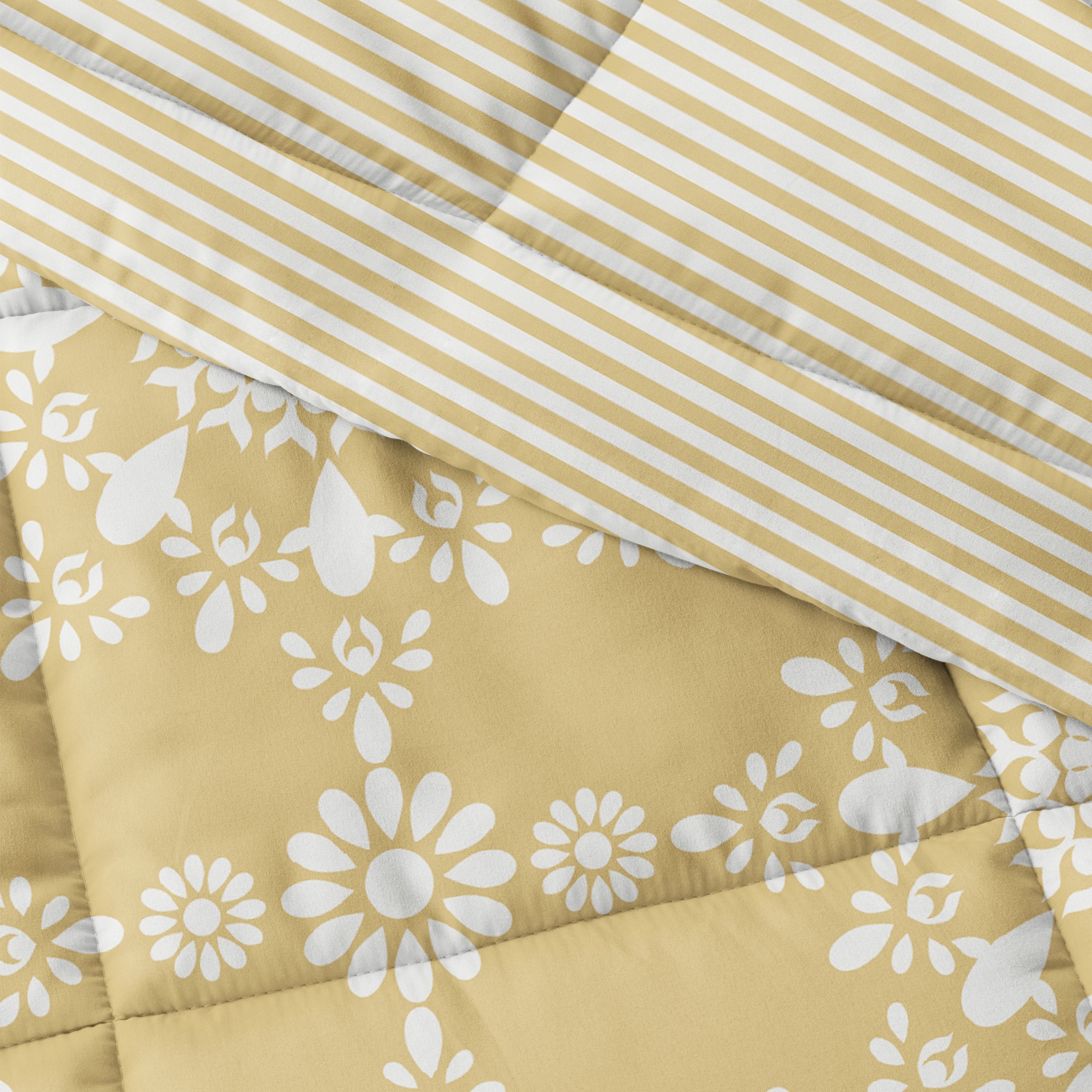 Noble Linens 3-Piece Yellow Daisy Medallion Reversible Print Comforter Set, Full/Queen