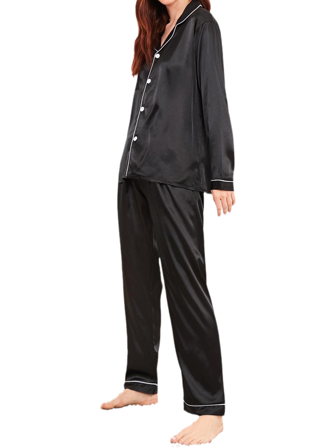 Women's Satin Pajama Set Long Sleeve Top With Pants 2 Pcs Silky Pajama