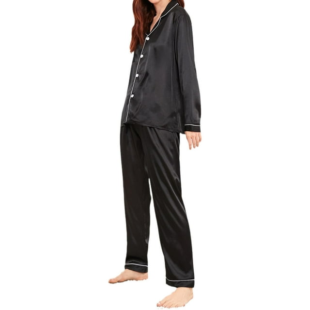 Women's Satin Pajama Set Long Sleeve Top With Pants 2 Pcs Silky Pajama