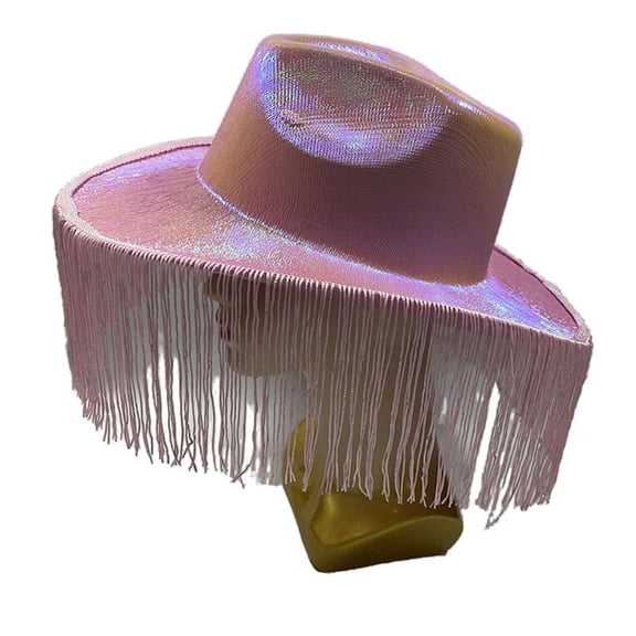 Shiny Cowboy Hat with Fringe, Sparkly Western Party Cap, Pearl-Like Shine Headwear for Halloween Prom