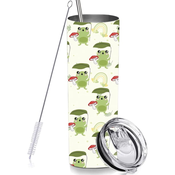 Vaso delgado de regalo para hombres y mujeres, adorable vaso de rana con tapa de popote de 593 ml, taza de café de viaje delgada al vacío con aislamiento de acero inoxidable