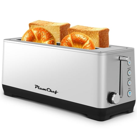 Plum Chef 4-Slice Extra Wide Slot Toaster, 6 Browning Settings & Bagel/Defrost/Reheat, Brushed Stainless Steel