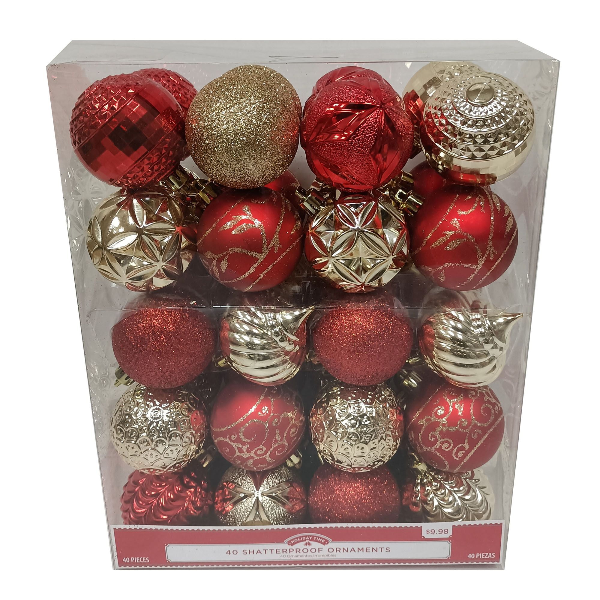 Holiday Time 60 mm Christmas Shatterproof Ornaments, Brilliant Red & Metallic Gold, 40-Count