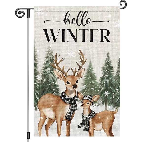 Farmhouse Hello Winter Flag 12x18 Inch Double Sided Winter Reindeer Holiday Outdoor Yard Decor