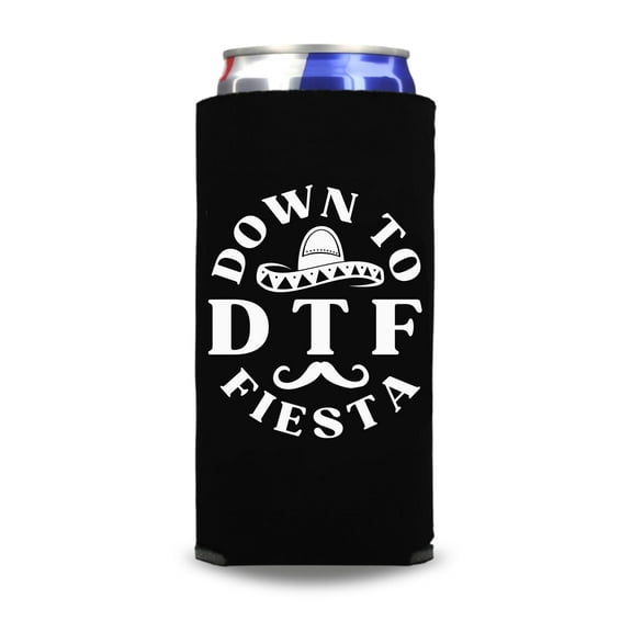 Funny Cinco de Mayo Slim Coolers, Down To Fiesta Spiked Seltzer Coolies, DTF Skinny Coolies, Party Gifts and Favors, Drink Accessory (Black)