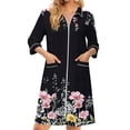 thumbnail image 3 of Zipper Lightweight Robes for Women 3/4 Sleeve Summer Housecoats for Women Zipper Front Knee Length Vintage Floral Print Plus Size Pajama Sleepwear with Pockets Black M, 3 of 8