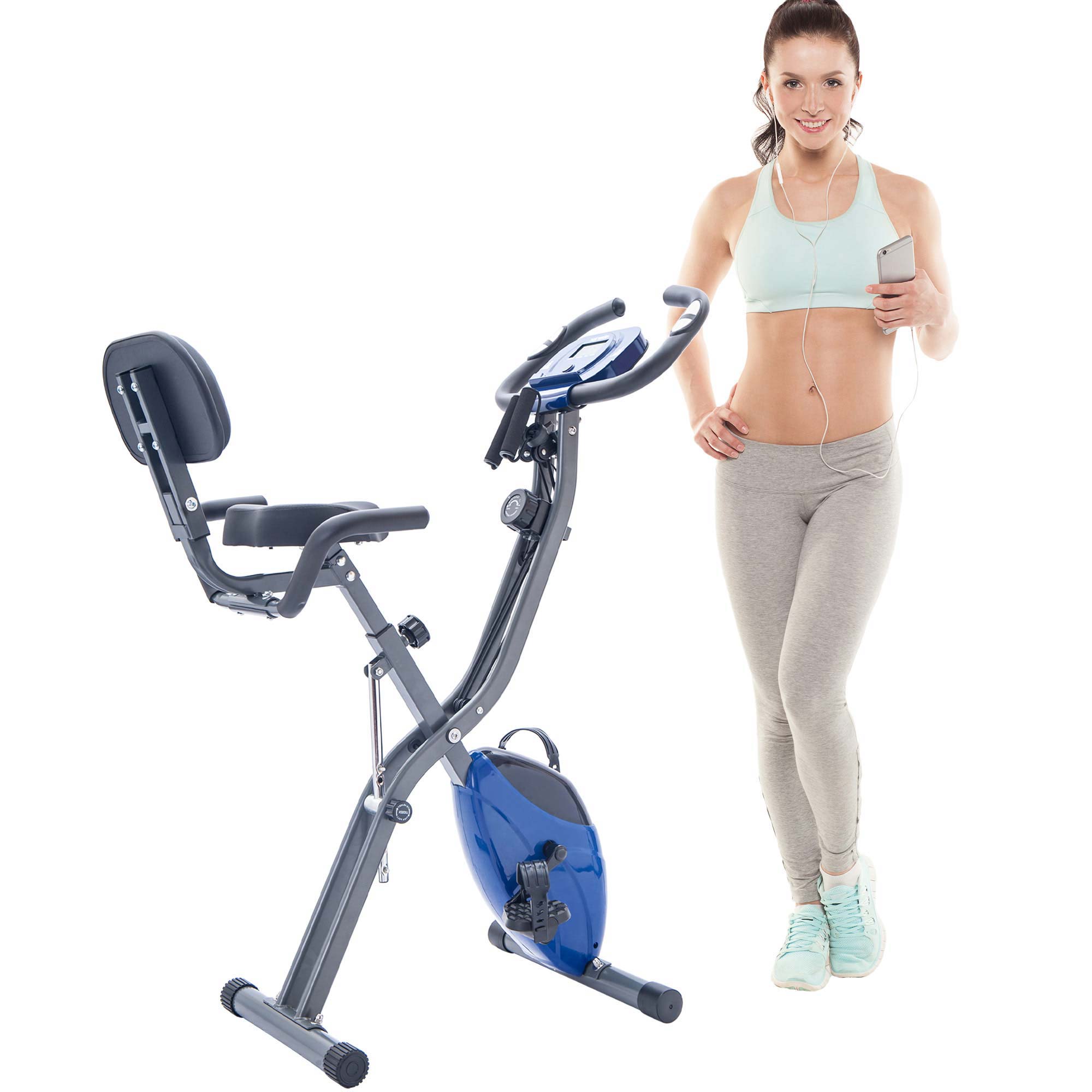Blue Folding Exercise Bike, Sports Home Fitness Upright Recumbent X-Bike with 10-Level Adjustable Resistance - image 1 of 6