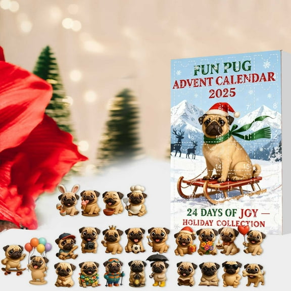 Pug Advent Calendar 2025, 24 Days Christmas Advent Calendar with Cute Pug Dog Hanging Ornaments, Holiday Gift for Dog Lovers, Funny Countdown to Christmas Holiday Gift Tree Decorations