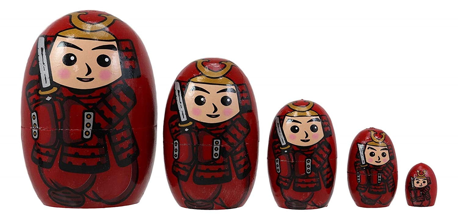 Red Japanese Samurai Wooden Stacking Matryoshka Nesting Dolls 5 Piece