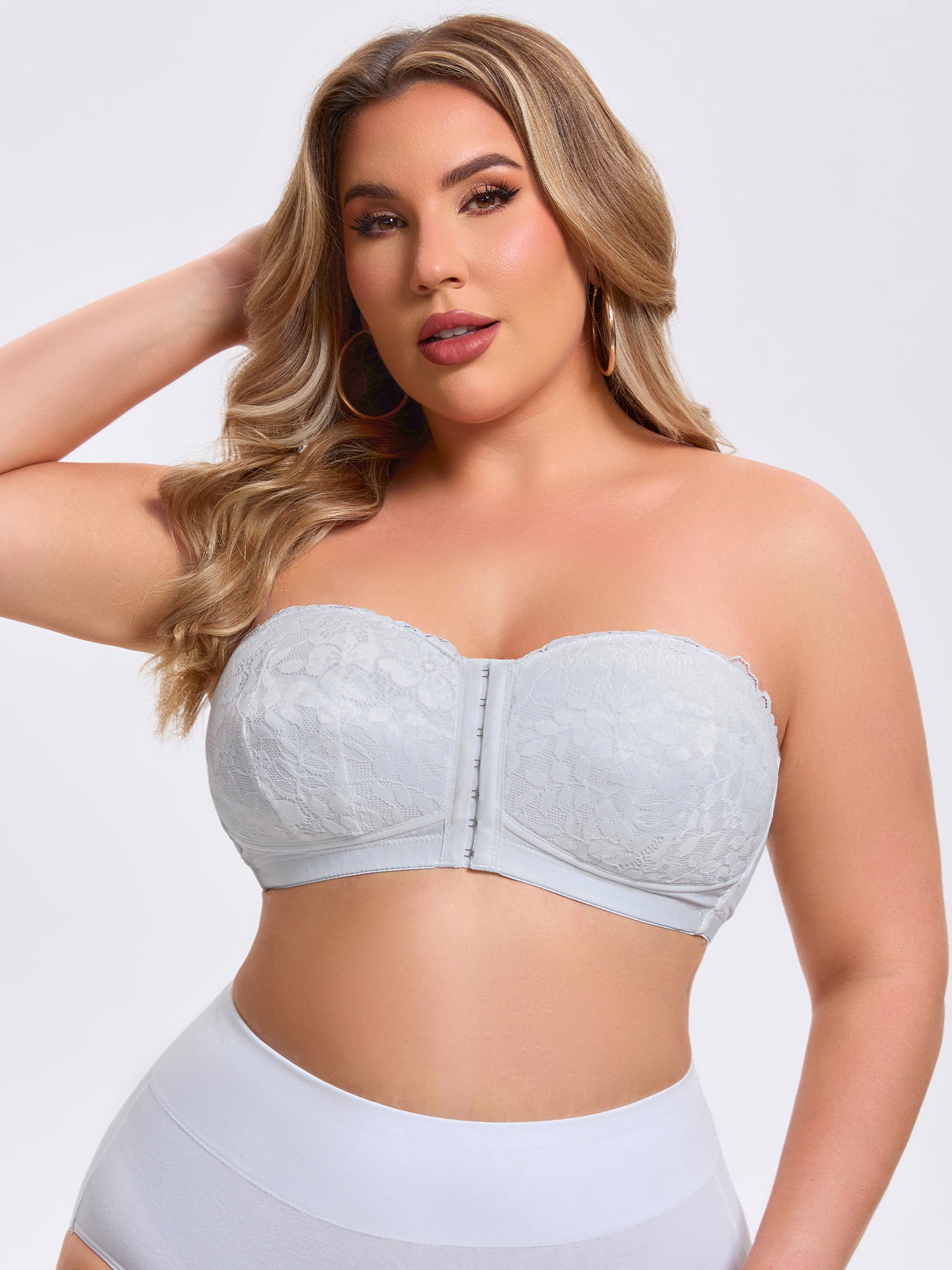 DARING DIVA Women's Lace Tube Front Closure Push Up Padded Underwire Bra XL White
