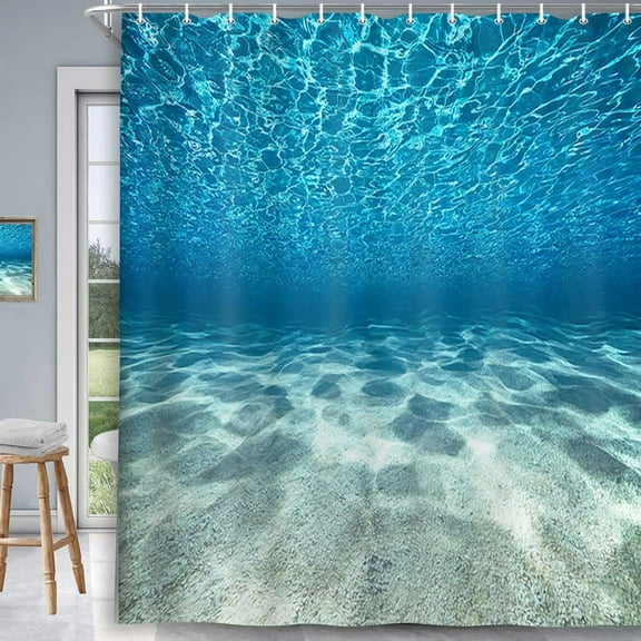Blue Ocean Beach Shower Curtain, Nature Underwater Sea World Scene Bathroom Curtains Waterproof Fabric, 72x72 Inches