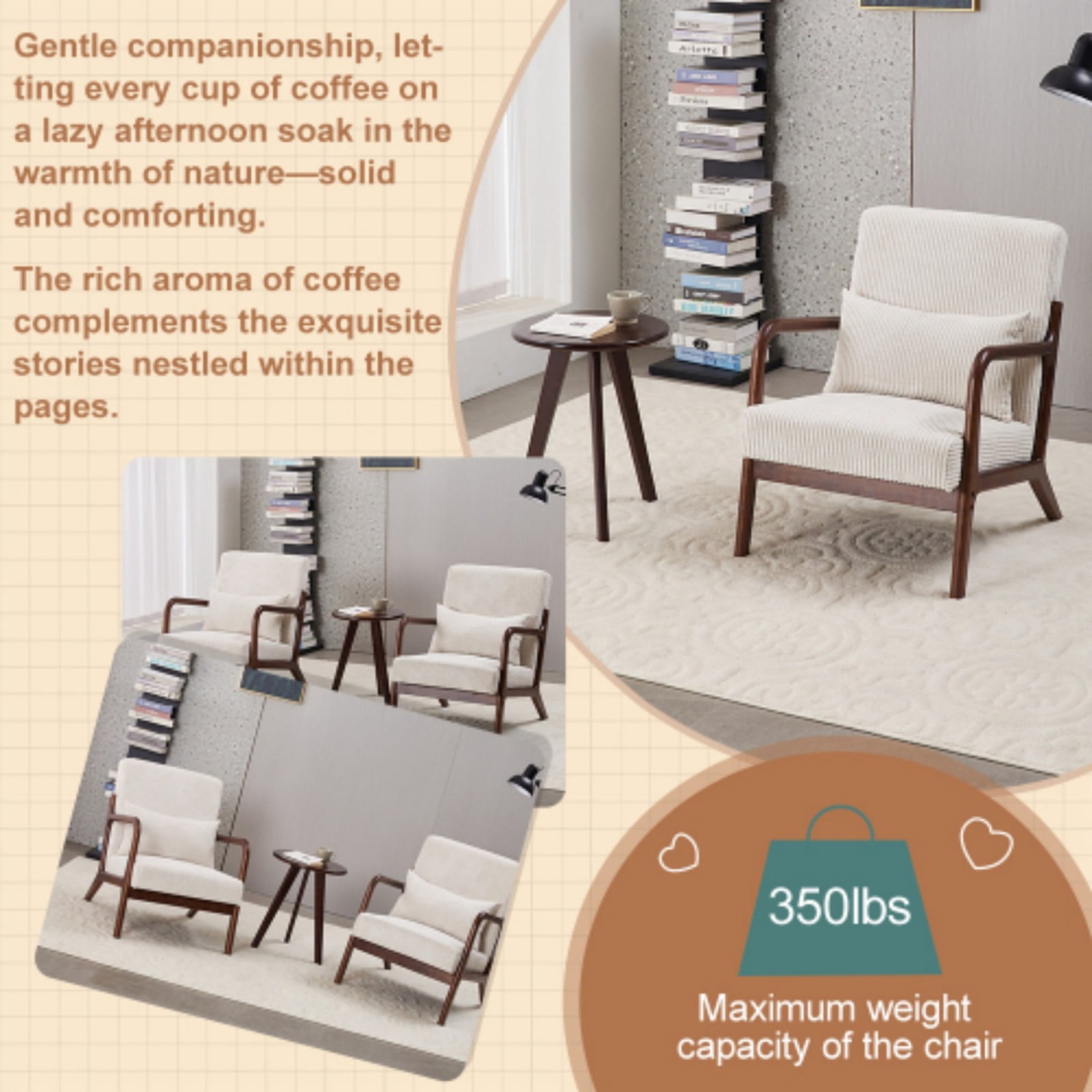 Mid-Century Modern Accent Chair, Upholstered Reading Arm Chair with Pillow, Solid Wood Frame Living Room Chair for Bedroom Balcony, White