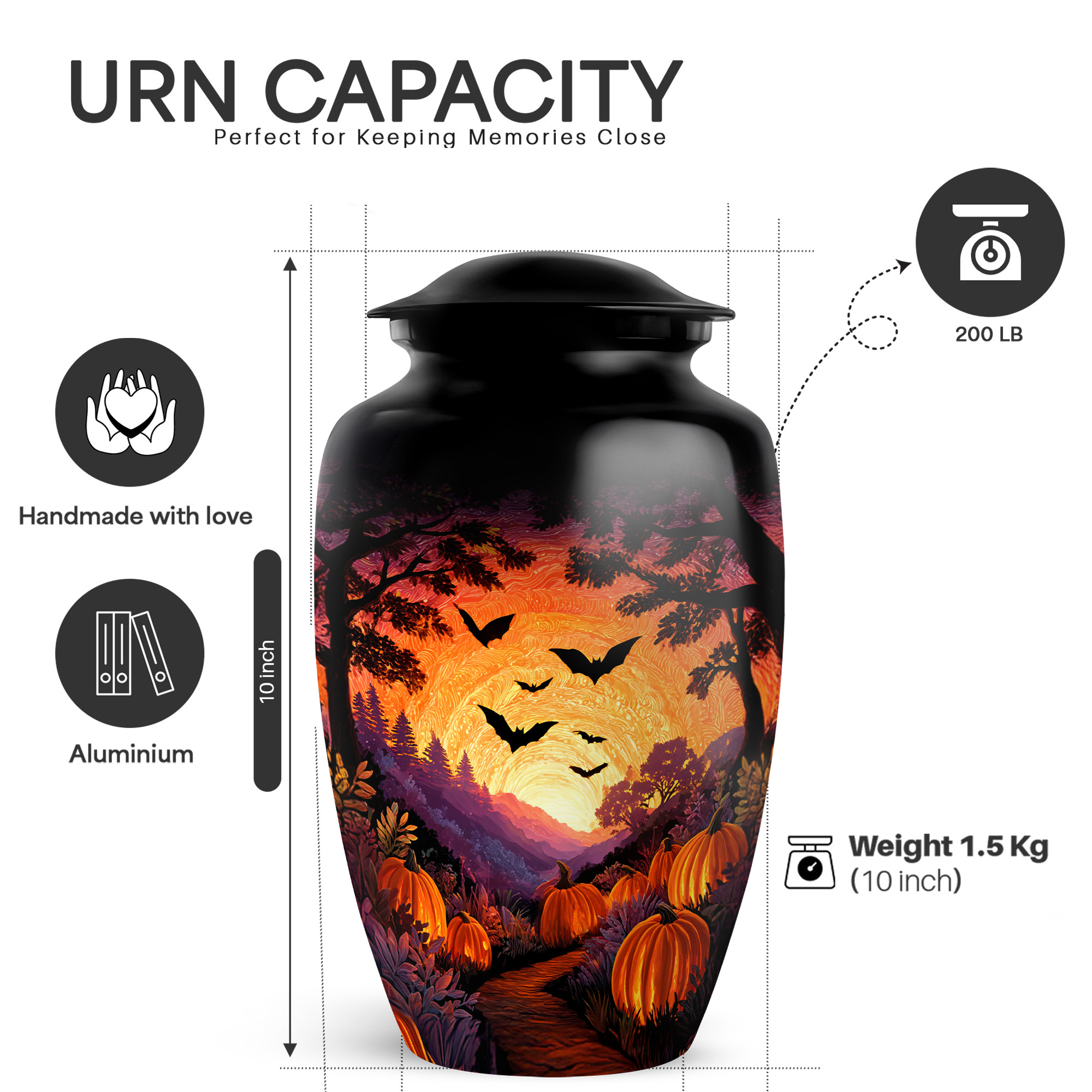 Yatskia Sunset Halloween Large Funeral Burial Urns for Human Ashes Adult Brother and Sister, Small Urns for Human Ashes Keepsake Adult Male and Female, (Classic 10 Inch and 3 Inch)