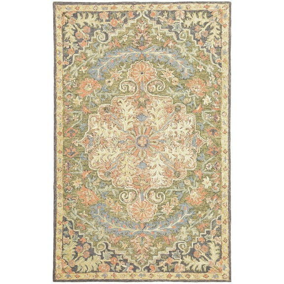 Oriental Weavers Alfresco Hand-made Wool Area Rug - 28401 - 3'6" x 5'6" - in Green/ Blue - Vintage Inspired, Hand-Made Wool Rugs, Entrway, Bedroom Rug