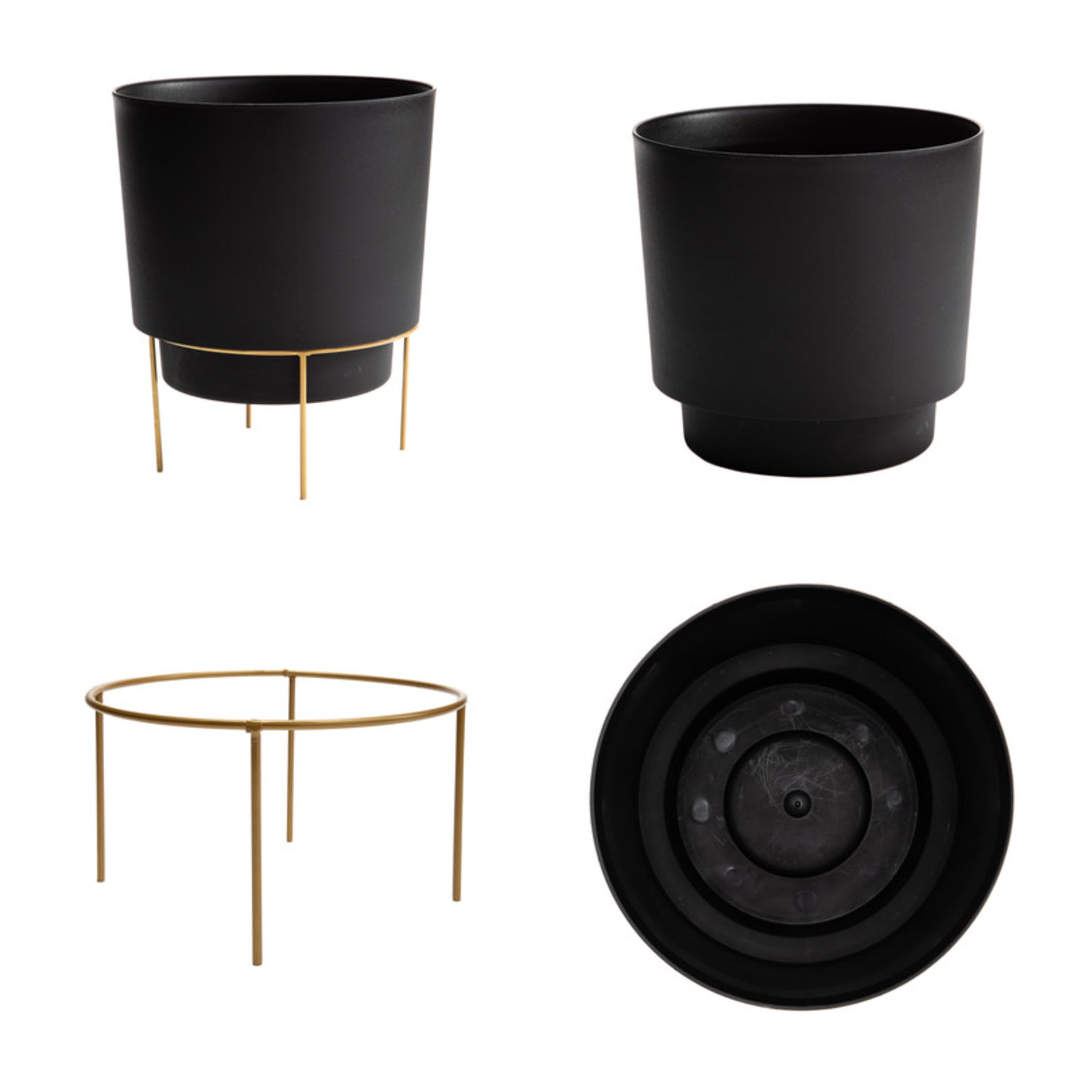 Bloem Hopson 14" Plastic Cachepot with Metal Stand - Decorative Indoor Planter with Gold Metal Stand, Black