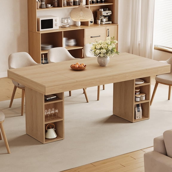 Dining Table for 6-8, 71-Inch Large Rectangular Kitchen Table with Dual Side Storage & Double Pedestal Base – Wooden Dinner Table for Home or Commercial Use