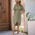 thumbnail image 5 of Women's Dresses Asymmetrical Hem Solid Color Short Sleeve V Neck Raglan Sleeve Casual Dress Army Green XL, 5 of 6