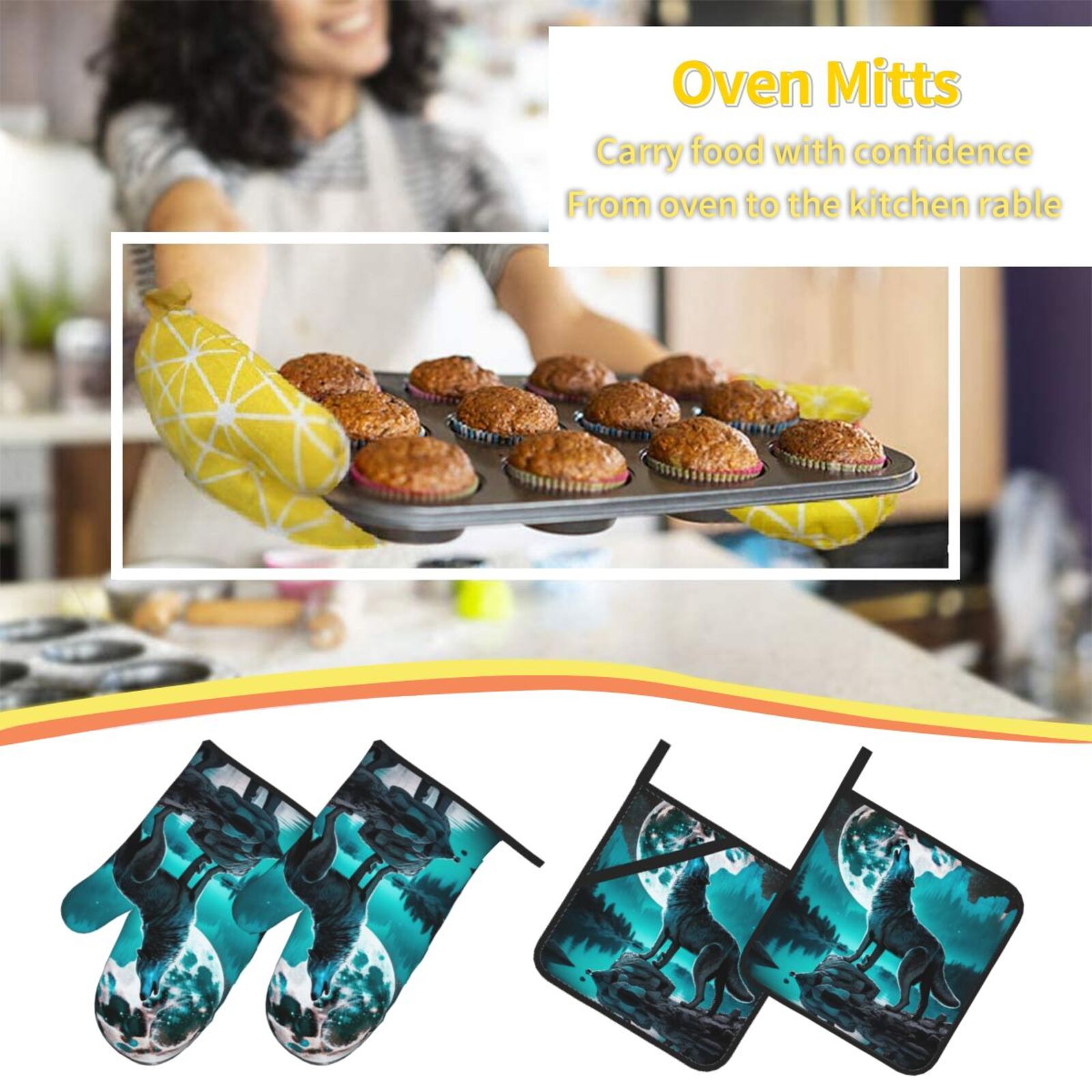 Wolf Howling River Night Moon Cool 4Pcs Oven Mitts and Pot Holders Sets Oven Kitchen Gloves Hot Pads for Cooking BBQ Baking Grilling
