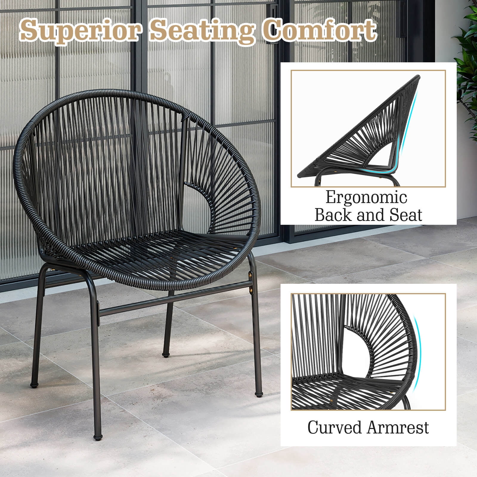 Costway 3PCS Patio Acapulco Furniture Bistro Set Plastic Rope Glass Table Black