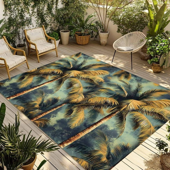 Fsddascl Palm Tree Outdoor Rug for Patio/Deck/Porch, Non-Slip Large Area Rug 4 x 6 Ft, Retro Summer Botanical Tropical Plant Leaves Indoor Outdoor Rugs Washable Area Rugs, Camping Rug Carpet