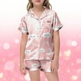 thumbnail image 2 of Kids Satin Pajama Set Girls Cute Cute Print Short Sleeve Top with Shorts Silk Button Down Pjs 2 Piece Summer Loungewear Light Pink,150, 2 of 5