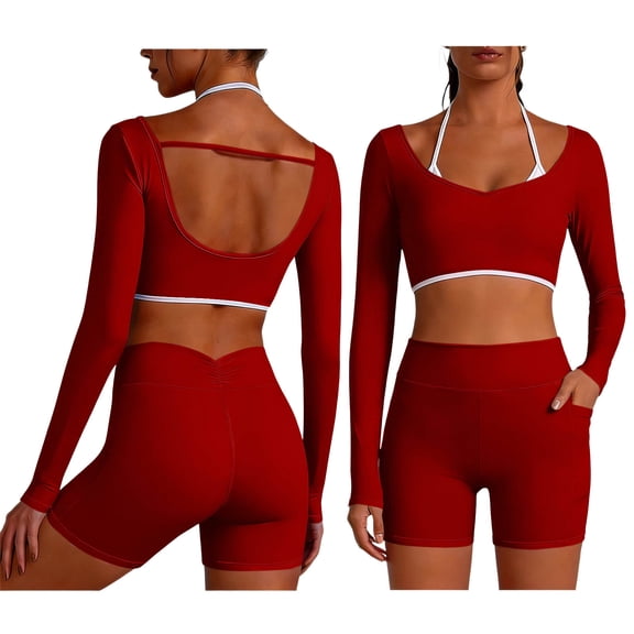 TEAJOPSUU Workout Sets for Women 2 Piece Seamless Long Sleeve Crop Top High Waist Shorts Gym Fitness Athletic Outfit A-Red