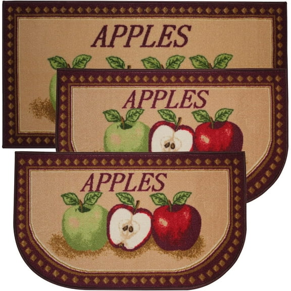 Kashi Home Kitchen Rug, Printed Area Rug, Durable Floor, Door Mat, Farmhouse Non-Slip Carpet Latex Backing Beautiful Design Mixed Apple 3pc Set (2 18x30 D Shape & 1 20x40)