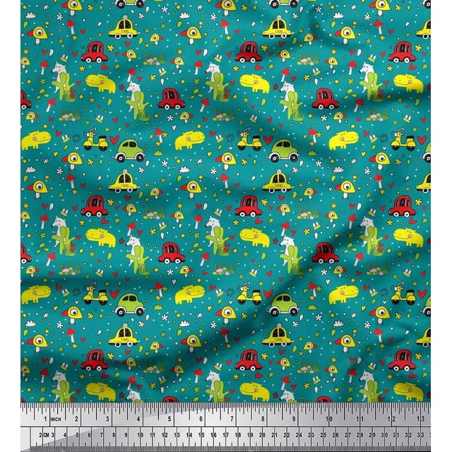 Soimoi Georgette Viscose Fabric Heart,Vehicles & Animals Cartoon Printed Craft Fabric by The Yard 42 Inch Wide
