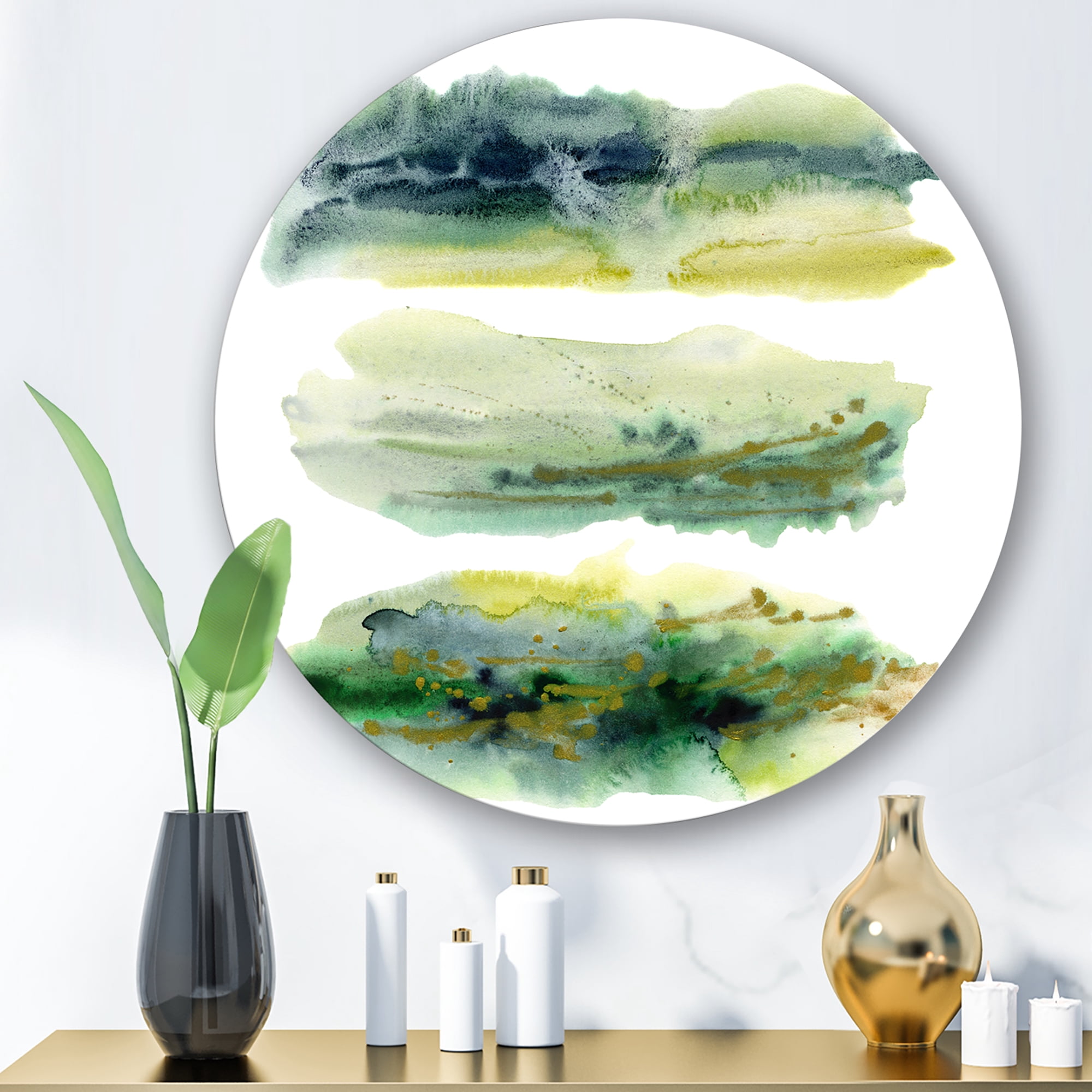 Designart 'Golden Green Abstract Clouds I' Modern Circle Metal Wall Art 11x11 - Disc of 11