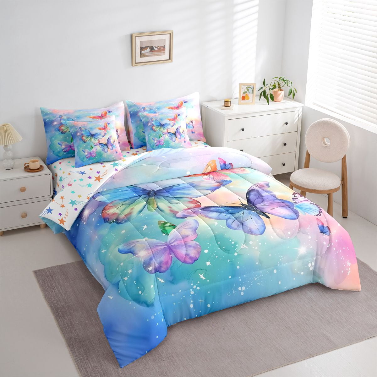 Homewish Watercolor Gradient Butterfly 7pcs Bedding Comforter Set,3D Colorful Butterflies Queen Bedding Sets,Blue Pink Ombre Queen Sheet Sets For Girls Teens,Luxury Bedroom Decor Reversible