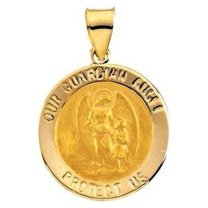 Picturesongold.Com Round Guardian Angel Necklace Pendants Medal - 2/3 inch 2/3 inch- 14k Yellow Gold