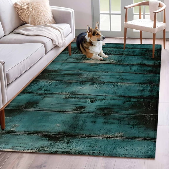 Teal Wood Print Area Rug 3x5 Washable Rug Non Slip Farmhouse Vintage Shabby Plank Large Area Rug Indoor Floor Carpet for Entryway Bedroom Kitchen Living Room Home Office Dining Room Nursery