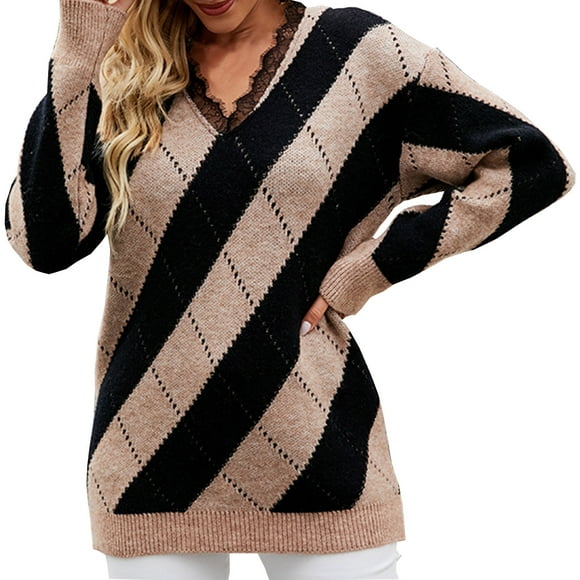 Mrat Womens Cropped Sweater Casual Color Matching Short Sleeve Sweater V Neck Sweater Ladies Lace V-Neck Sweater Loose Pullover Brown L