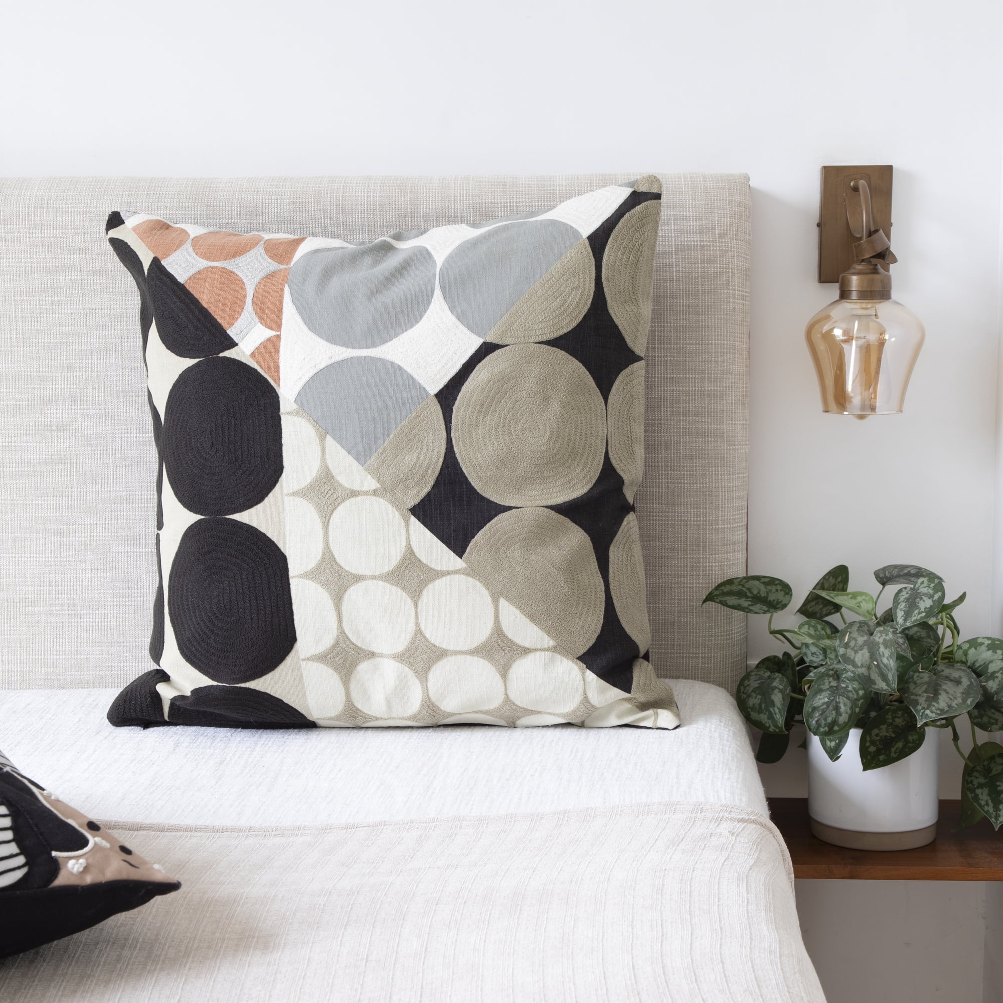 Ox Bay and Stacy Garcia 24" x 24" Black/Beige Embroidered Geometric Cotton Adult Decorative Throw Pillow Cover