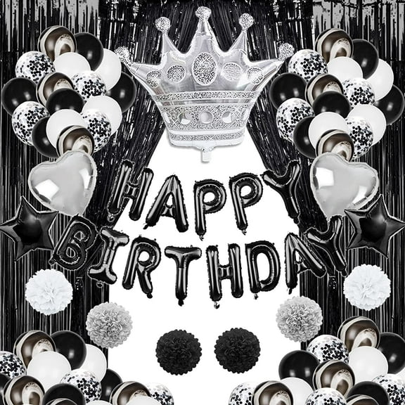 JOYYPOP Black Birthday Party Decorations with Black and White Balloons, Paper Pom Poms, Happy Birthday Balloons Banner, Silver Crown Balloon, Foil Fringe Curtains for Minimalist Christmas