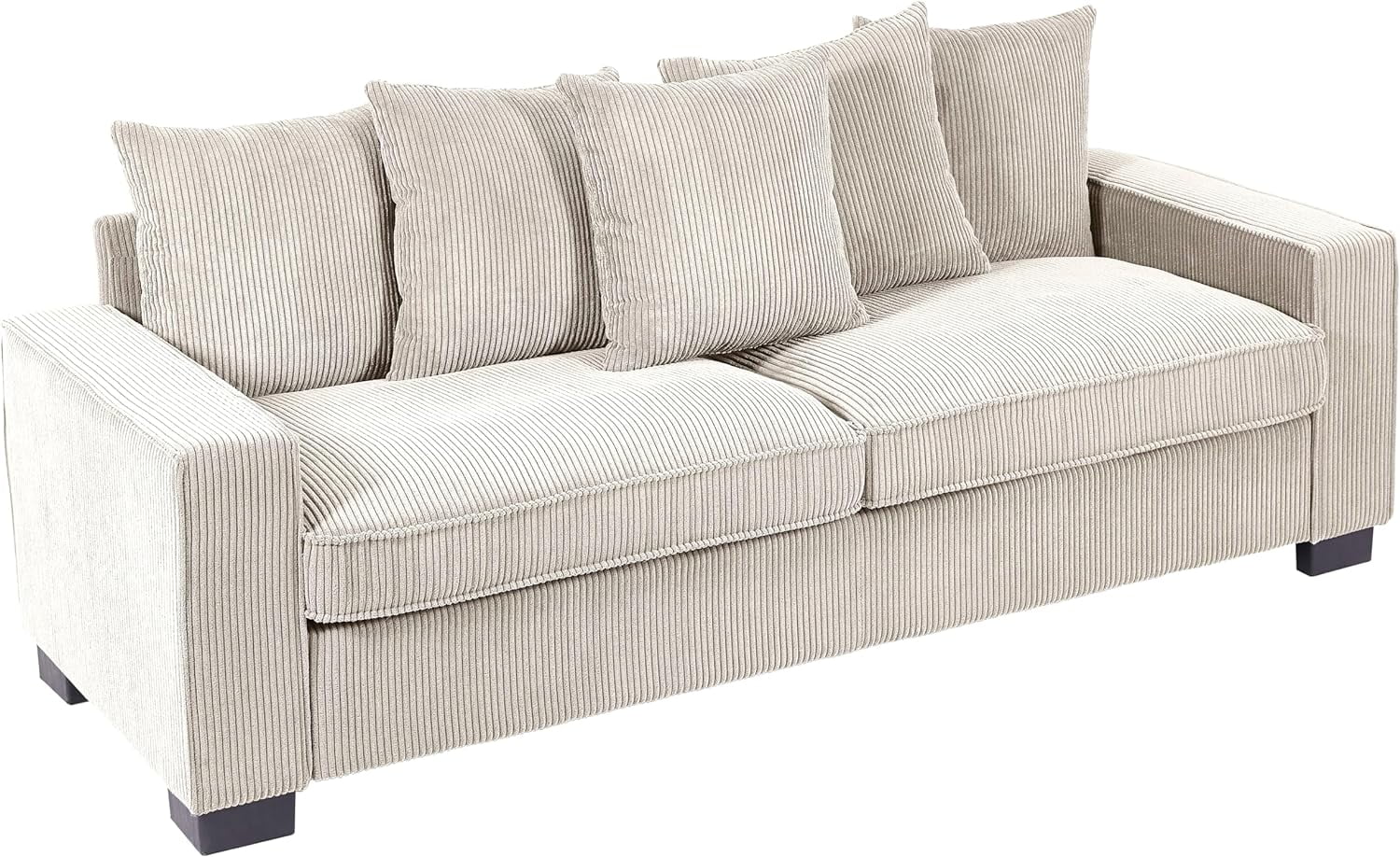 US Pride Furniture Luxe Corduroy Sofa with 5 Matching Toss Pillows Sleek Design Spacious and Comfortable 3 Seater Couch for Modern Living Room White
