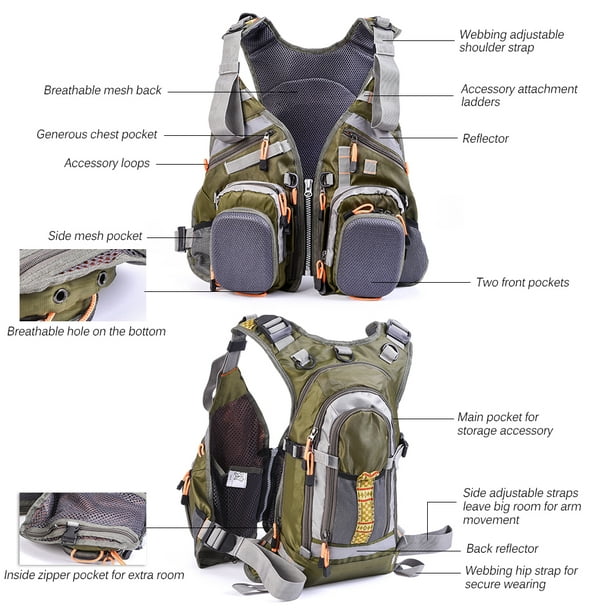Blusea Mesh Fly Fishing Vest Backpack Breathable Outdoor Fishing Vest Green